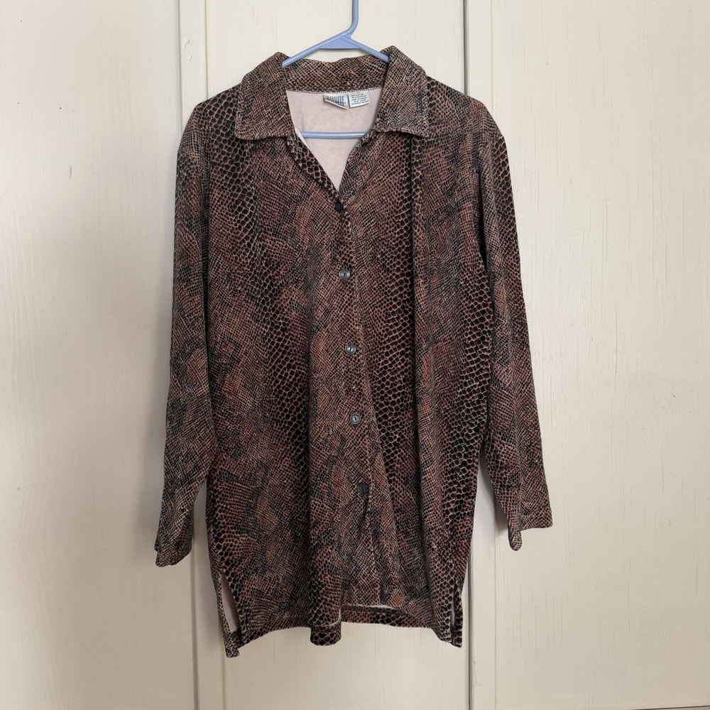 Maxwell Blouse Womens XL Brown Animal Print Velour Button Up Long Sleeve Tunic